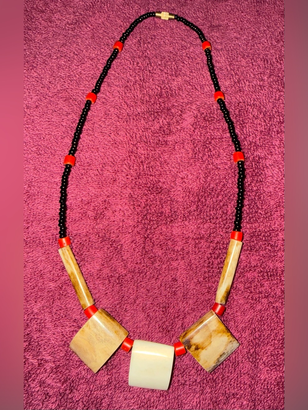 Handmade Black and Red Beads with 3  Wood Pendants 17”  Necklace